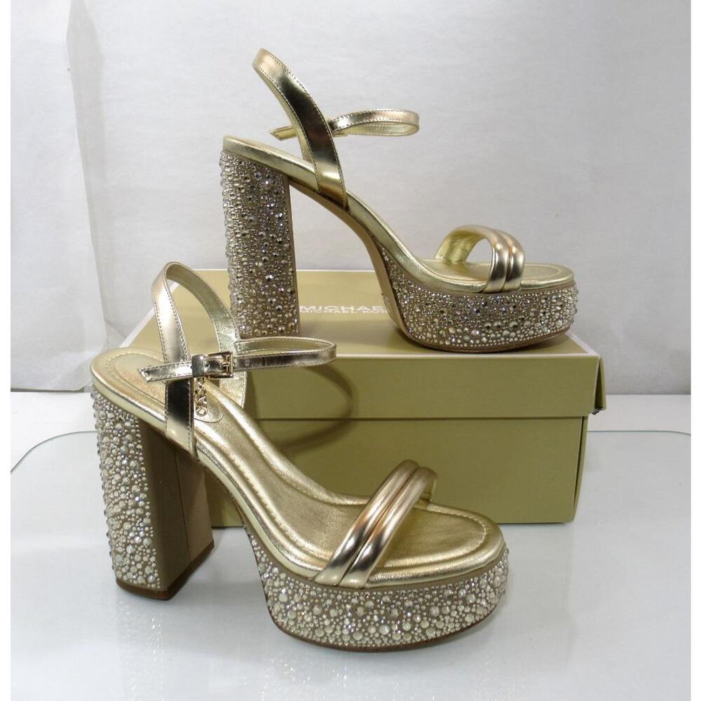 Michael Kors Laci Embellished Metallic Leather Platform Sandal Pale Gold Size 8 - Picture 3 of 10